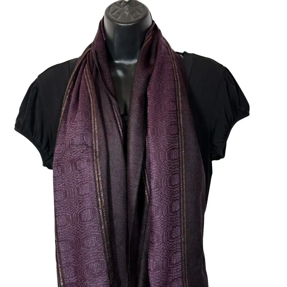 Purple Gold Woven Scarf Vintage Rectangle Scarf with Fringe Metallic 66 inch